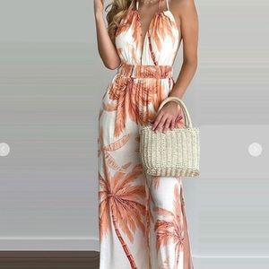 Tropical Print Halter Backless Side Slit Jumpsuit